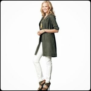 CAbi Got You Covered Olive Green Button Down T-Shirt Jacket Dress Size: X-Small